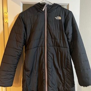The North Face gray reversible Mossbud jacket, girl’s size 14/16
